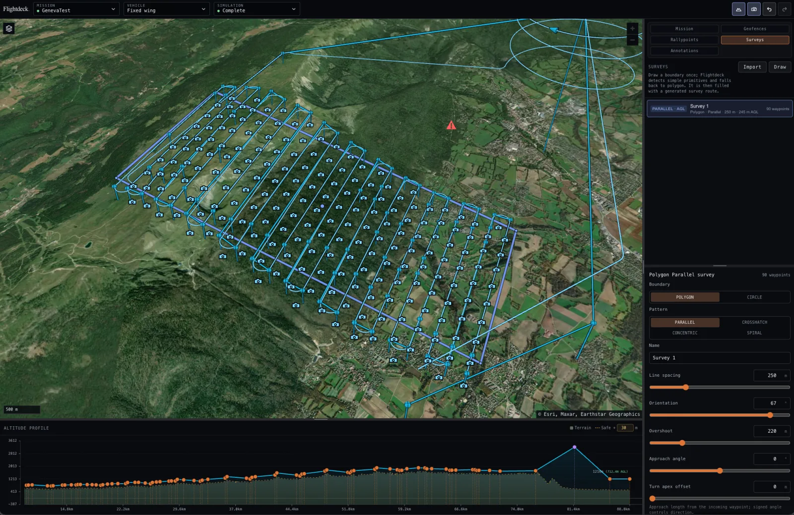Flightdeck planning a terrain-relative fixed-wing survey, with the estimated flown path and terrain altitude profile visible.